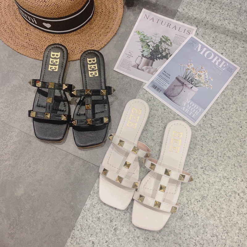 Dép Lê Nữ Dép Đi Biển Mùa Hè Quai Da Đinh Đế Bệt 2 Màu Đen Trắng Hàng Sẵn Kho