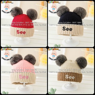 Mũ Nón Len Cho Bé Sơ Sinh - Phối Màu Đính 2 Quả Bông Thêu Chữ See Siêu Xinh !