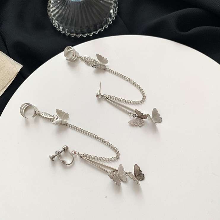 Khuyên tai kẹp vành một bên không bấm lỗ K014 bằng hợp kim mạ bạc hình cánh bướm dáng dài Leous Accessories