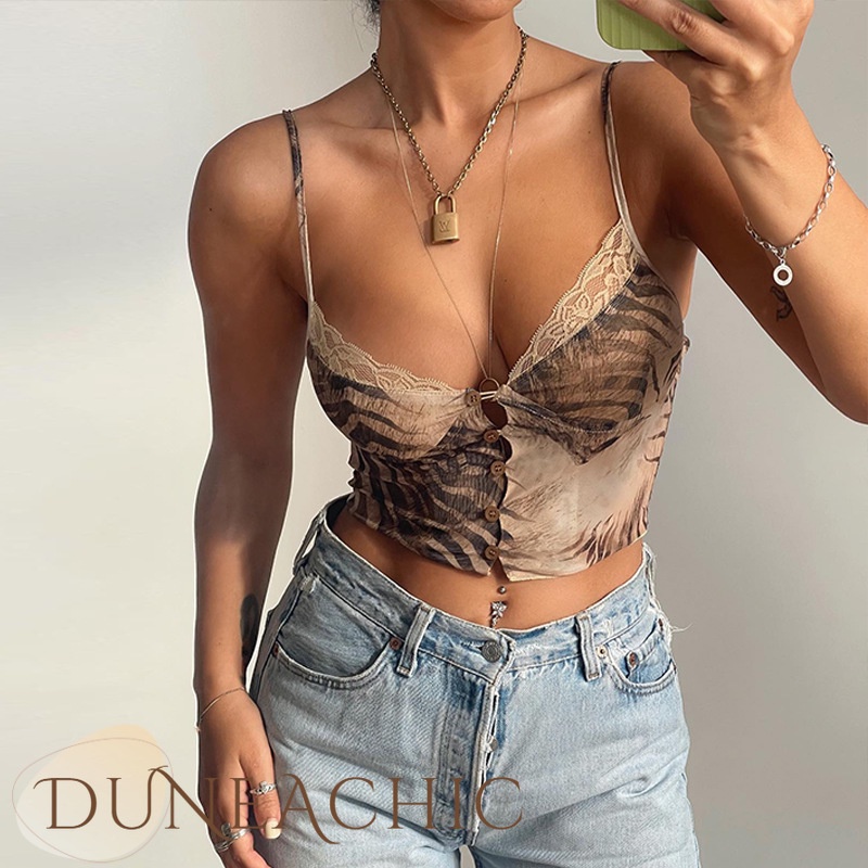 DUNEA Áo Croptop Cổ Chữ V Phối Ren Lưới In Họa Tiết Thời Trang Quyến Rũ Cho Nữ