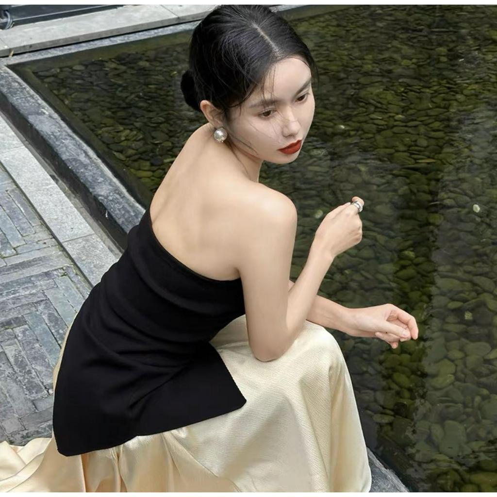 SET ÁO ỐNG LỆCH TÀ ĐEN + CHÂN VÁY KEM MIDI (TH)