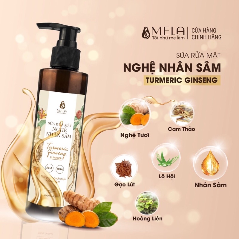Sữa Rửa Mặt Nghệ Nhân Sâm MELA Giảm Mụn Sáng Da Dịu Nhẹ, Gel Rửa Mặt Cấp Ẩm Giảm Thâm Và Cân Bằng pH 200ml