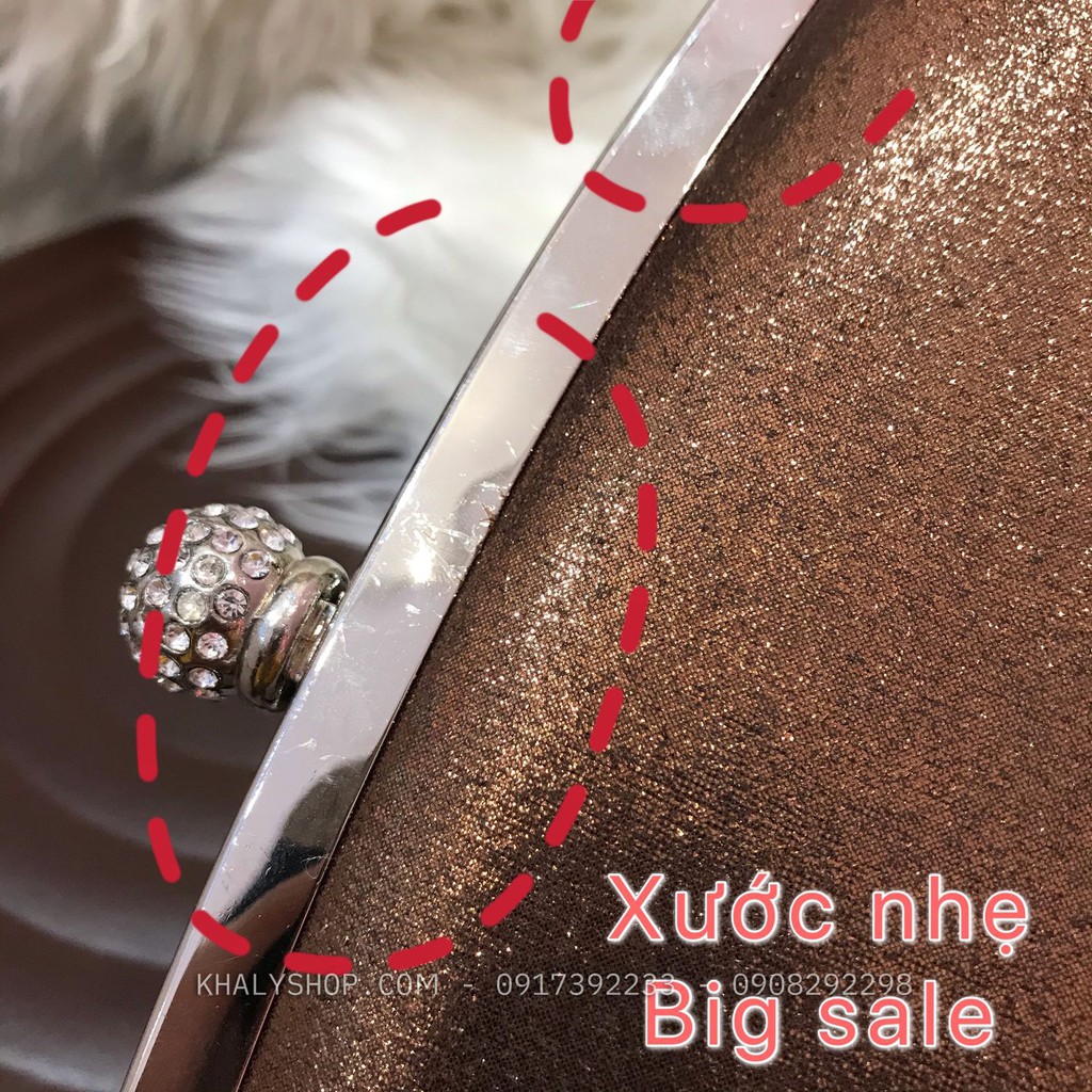 [Sale lỗi nhẹ] Bóp đầm clutch dạ hội dự tiệc sang trọng đeo chéo xách tay màu nâu kim tuyến kiểu khóa bi tròn đính hột