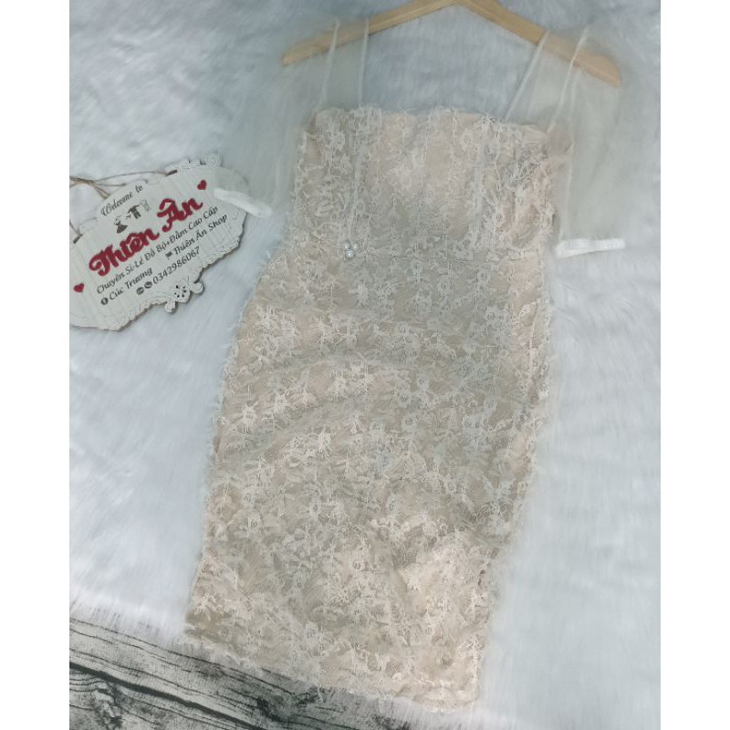 Đầm body ren cổ vuông tay phồng lỡ phối lưới 40-55kg