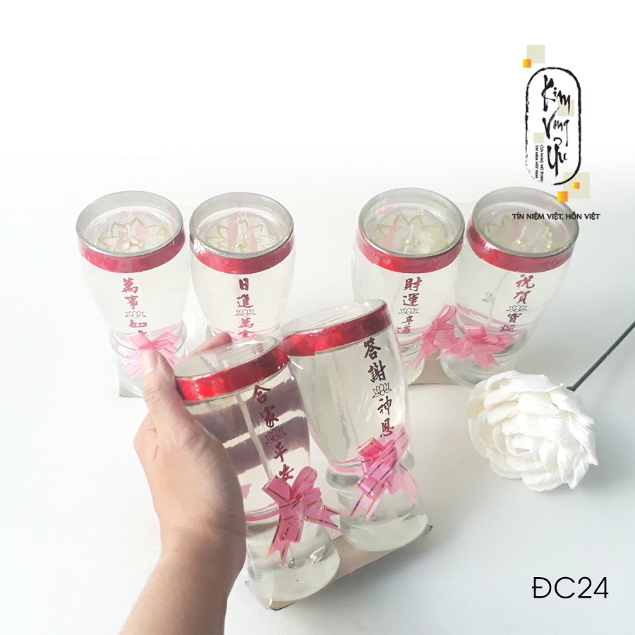 Đèn cầy ly cúng Nơ Hồng Viền Đỏ / Không Viền  ĐC24 cao 14.5 cm