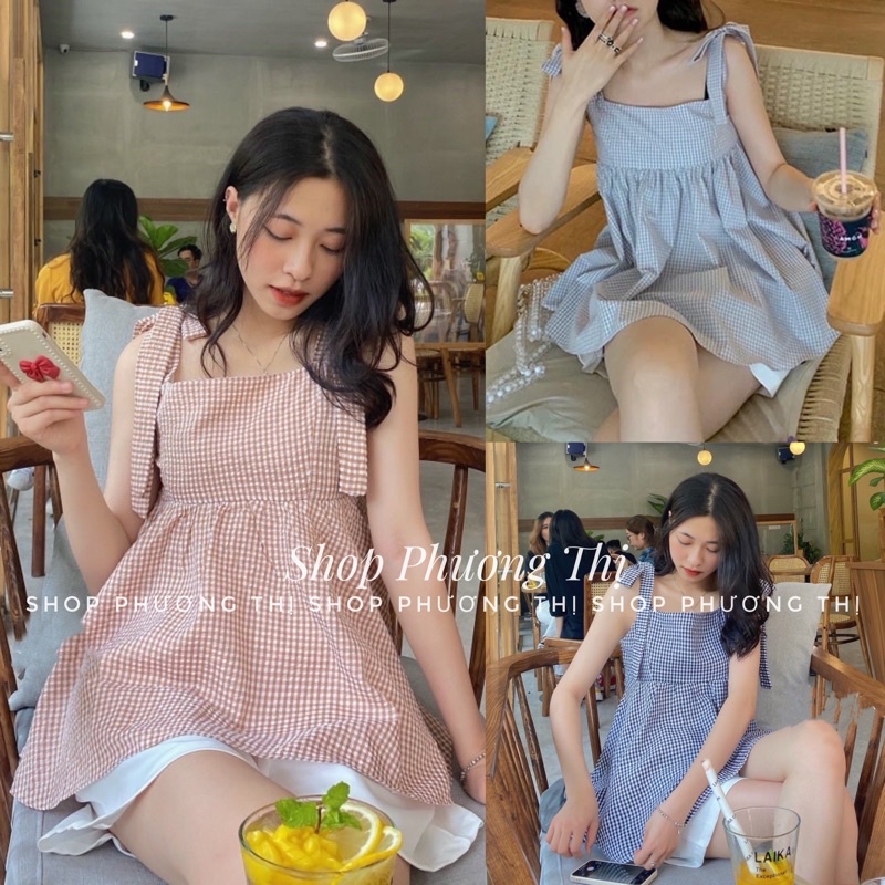 Sét áo babydoll kẻ 3 màu kèm quần sooc- SET ÁO 2 Dây kèm quần (video/sẵn)