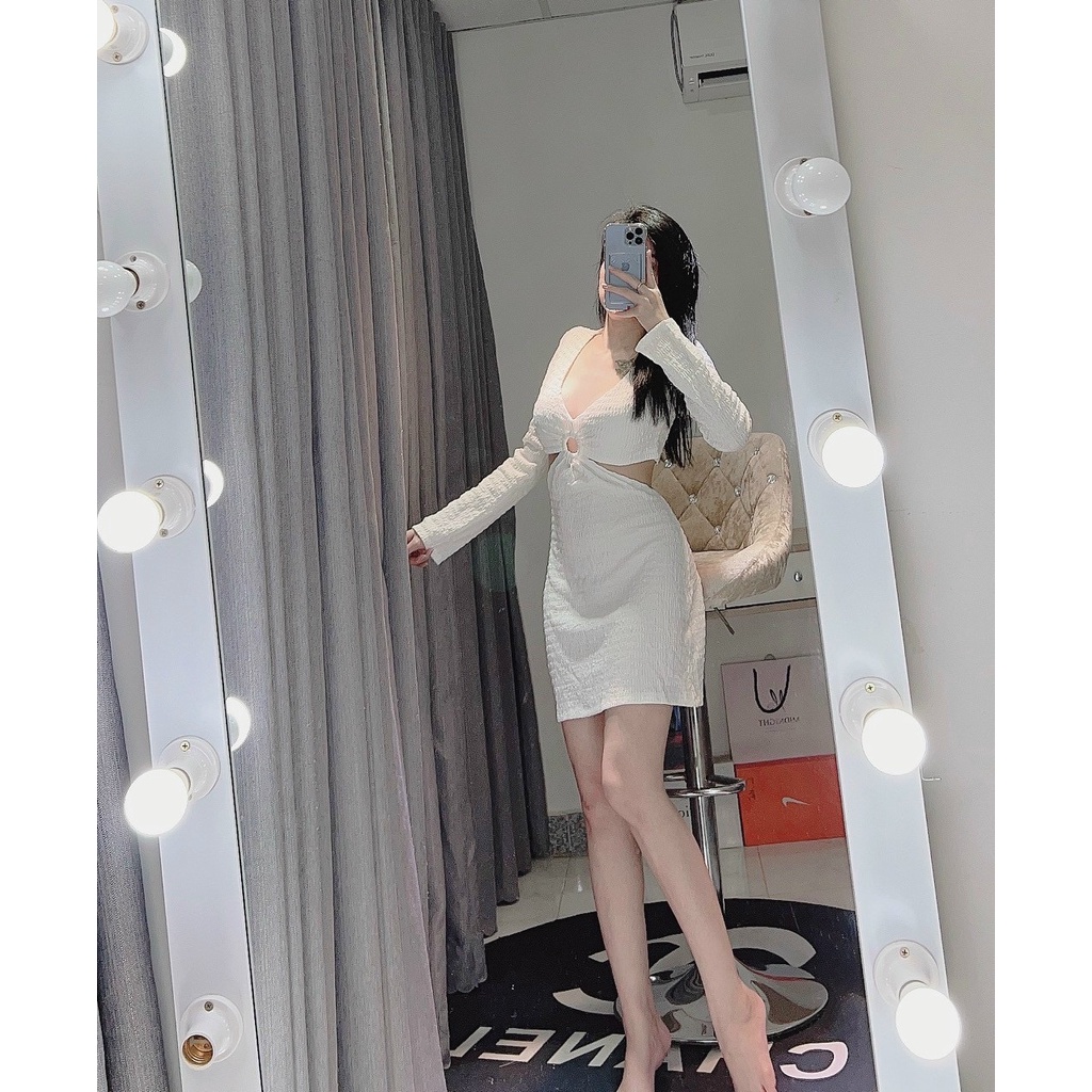 Đầm cố V chất thun xốp loại đẹp tay dài khoét eo khoen ngực sexy