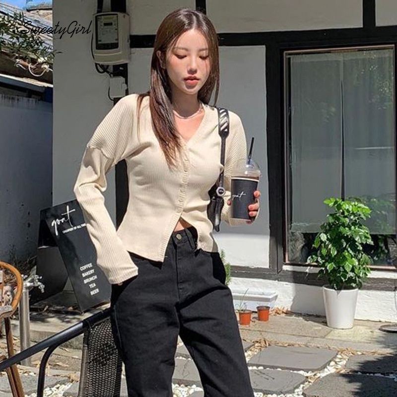 Áo Cardigan Dệt Kim Tay Dài Cổ Chữ V Cài Nút Màu Trơn Thời Trang Cho Nữ