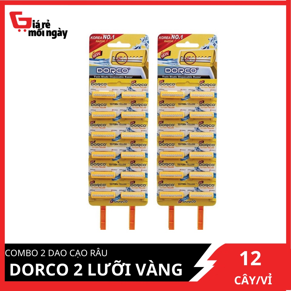 COMBO Dao Cạo Râu Dorco 2 Lưỡi (Vàng) Bộ 12 Cây