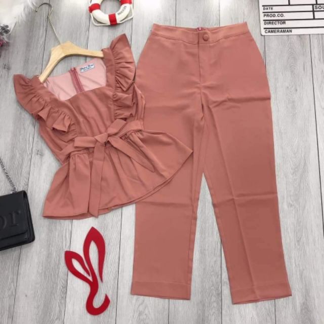 Sét bộ áo cổ vuông cột nơ eo | BigBuy360 - bigbuy360.vn