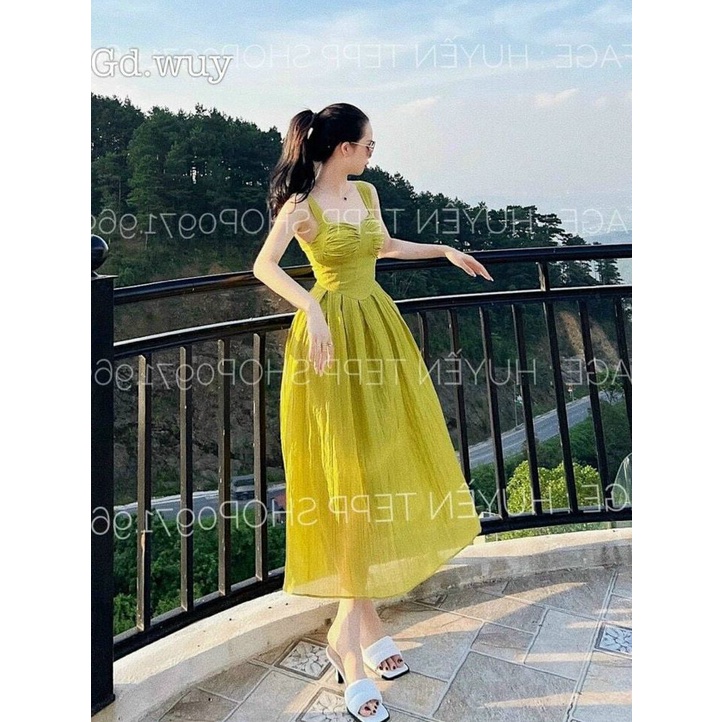 Đầm hai dây ôm eo dáng xòe bồng, maxi đi biển - đầm maxi cup ngực hai dây vải lụa - váy xòe đi tiệc sang chảnh