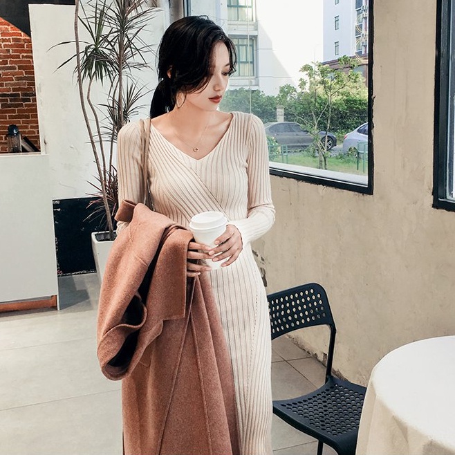 Đầm Dệt Kim Tay Dài Cổ Chữ V Thiết Kế Mới Thời Trang Mùa Thu Dành