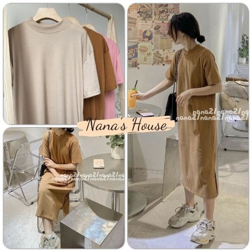 Váy Suông Xẻ Tà Cổ Tròn Chất Thun Tăm 🎁 Nana's House - FREESHIP 🎁 Đầm midi basic nữ tay lỡ nhiều màu