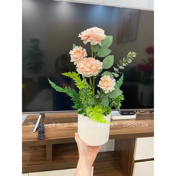 Chậu cây hoa giả - hoa mẫu đơn đầy đủ như hình