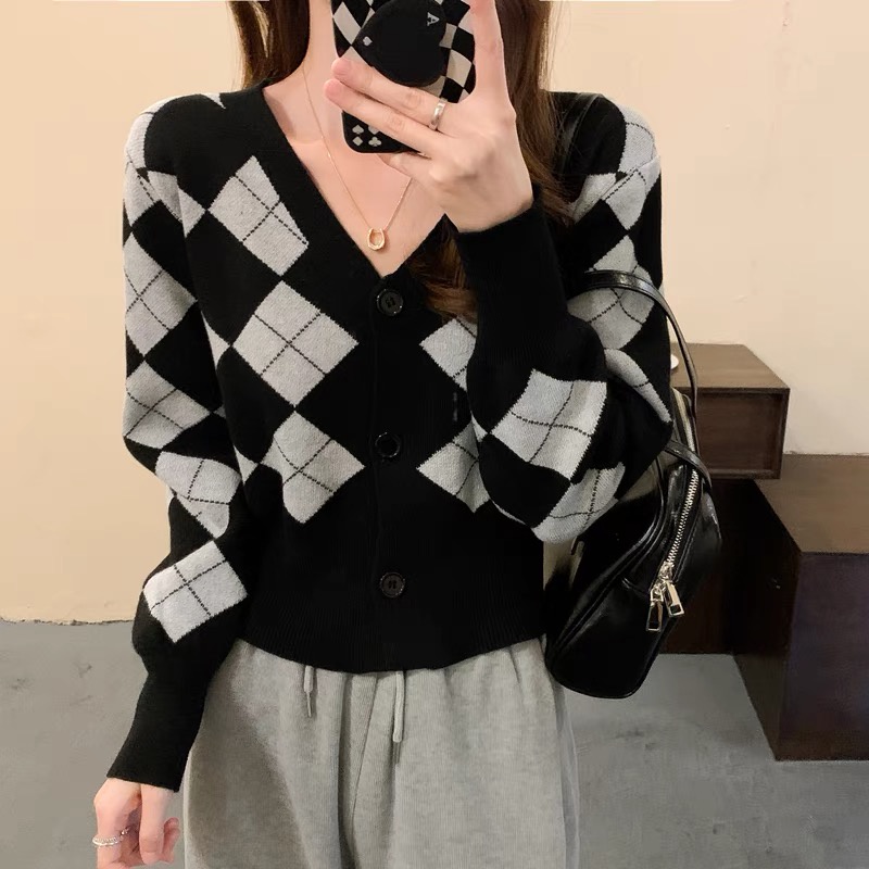 Áo khoác cardigan len nữ cổ V kẻ caro hàng Quảng Châu cao cấp
