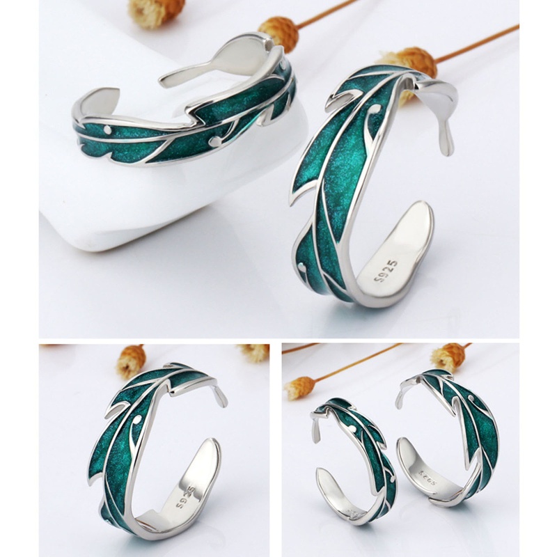 Set 2 Nhẫn Hình Chiếc Lá Màu Xanh Lá Đơn Giản Ngọt Ngào Dành Cho Cặp Đôi