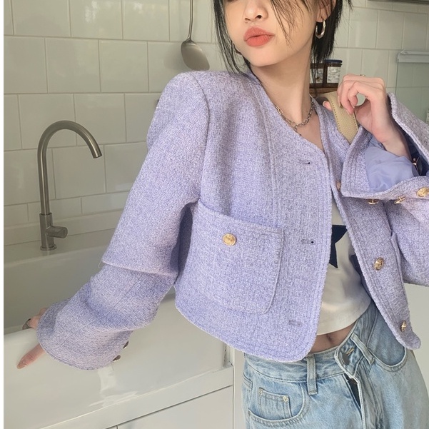 Áo Khoác Dạ Tweed Màu Tím Phong Cách Hàn Quốc - Áo Blazer FORM RỘNG Dáng Ngắn AO073 ICC Official Store