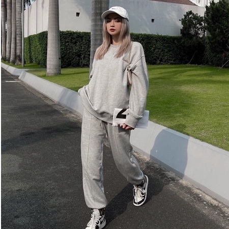 Bộ quần áo nỉ thêu logo oversize dài tay TOPTIFY sweater và jogger Trip Away Set S11