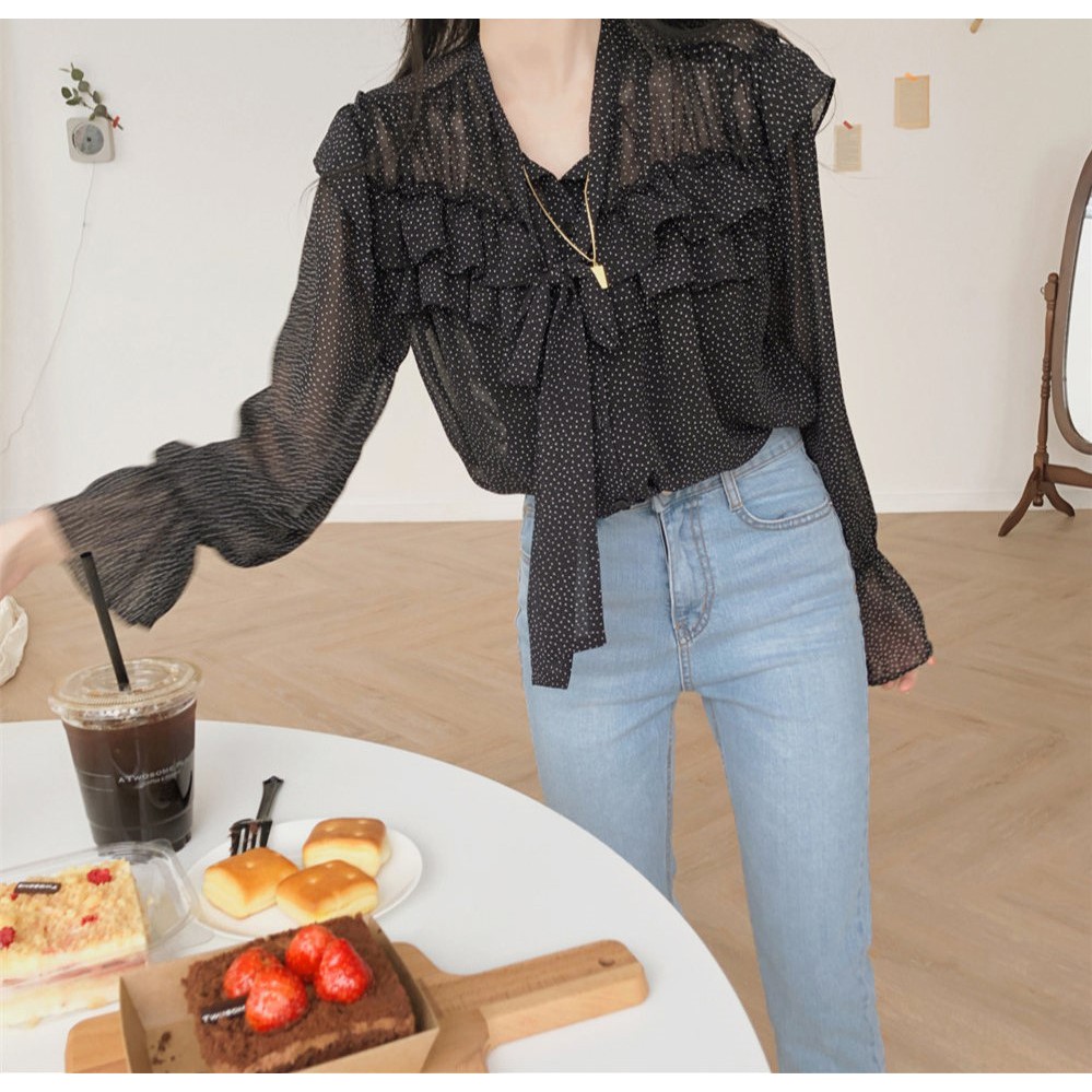 Áo voan tay dài phối bèo họa tiết chấm bi thanh lịch 27588