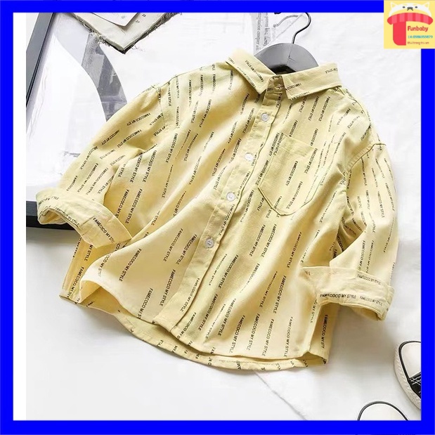 Sơ mi bé trai 2-8 tuổi in chữ FAMECOCO hãng Tommy xuất khẩu, Áo sơ mi cho bé vải thô mềm dáng thời trang