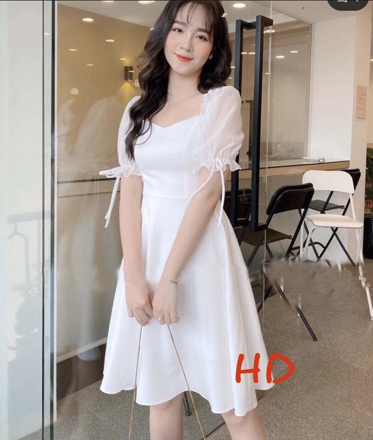 Đầm trắng xoè dự tiệc tay nơ cao cấp | BigBuy360 - bigbuy360.vn