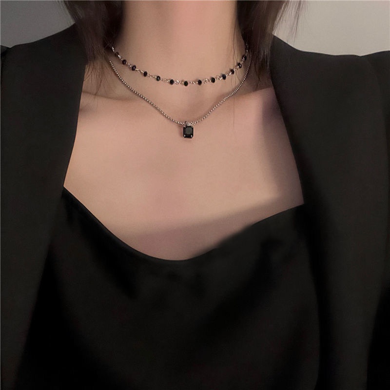 Vòng cổ Ahellogirl hai lớp đính đá đen phong cách thời trang đơn giản sang trọng cao cấp cho nữ