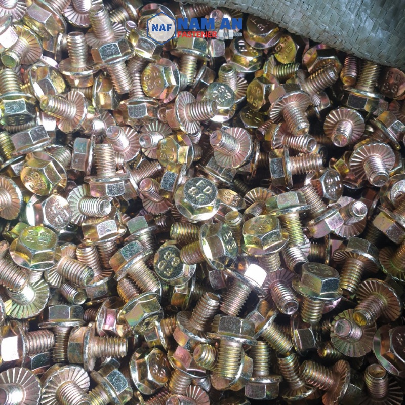 20 con Bu lông liền long đen phẳng M8 mạ vàng, cấp bền 8.8, bulong liền phẳng chiều dài: 12 -> 110 mm