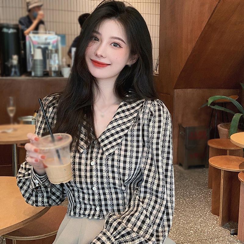 Áo Sơ Mi Ca Rô Ngắn Tay Cổ Búp Bê Xinh Xắn Dễ Thương Dành Cho Nữ