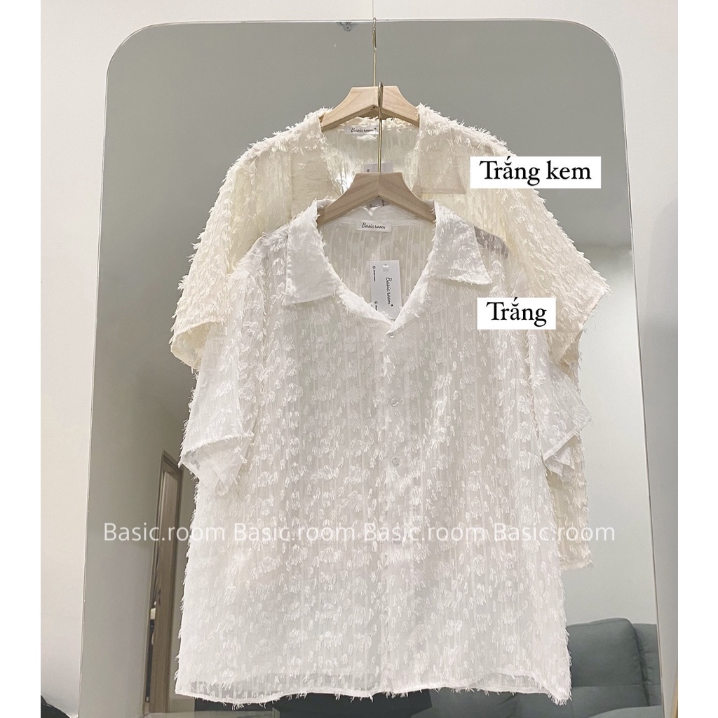 Áo sơ mi xuyên thấu họa tiết thêu nổi form rộng dáng unisex Basic room - áo sơ mi mùa hè phong cách hàn quốc cao cấp