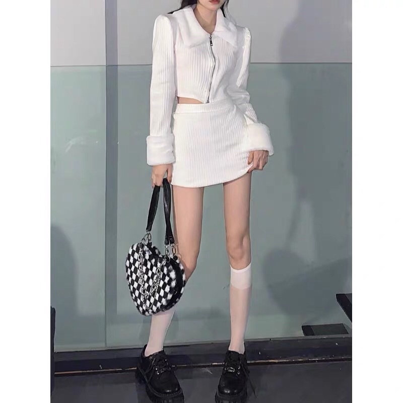 SET ÁO LEN CROPTOP CỔ LÔNG TAY LÔNG KÉO KHOÁ + CHÂN VÁY LEN BODY NGẮN