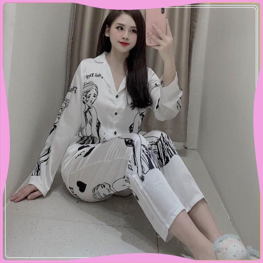 Bộ Ngủ Thu Đông Pijama Dài Tay Mặc Nhà Lụa Satin Cao Mềm Mịn | BigBuy360 - bigbuy360.vn