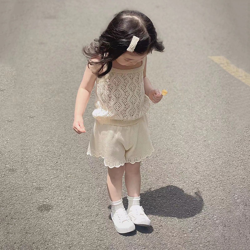 Set Đồ Mùa Hè 48 Giờ Gồm Áo Hai Dây + Quần Ngắn Dệt Kim Phong Cách Mori Hàn Quốc Cho Bé Gái