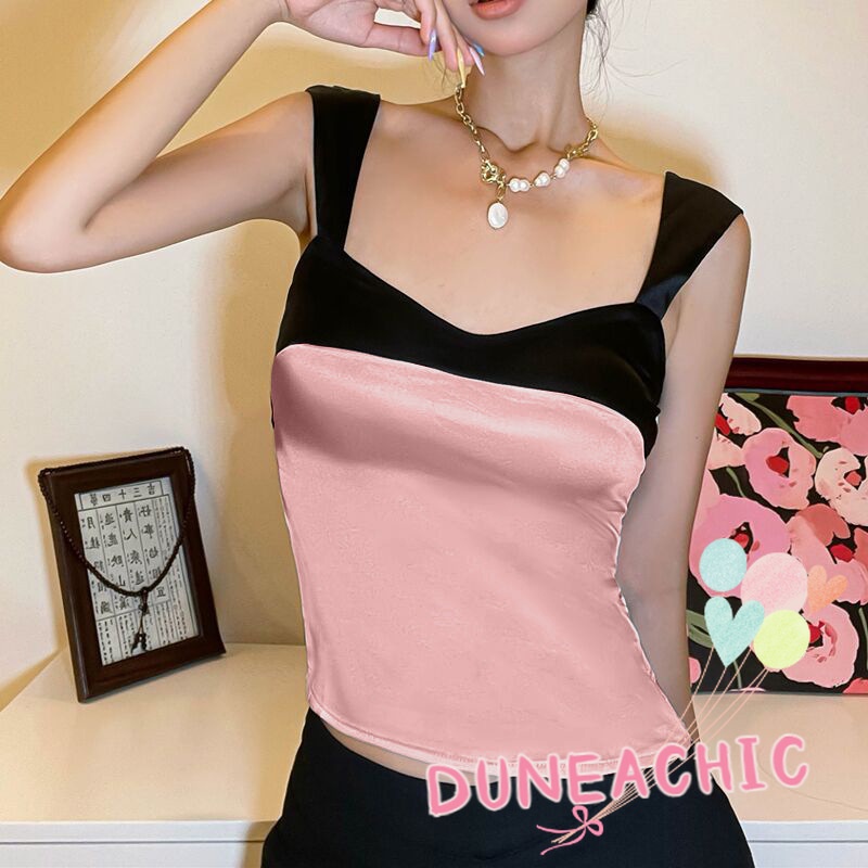 DUNEA Áo Hai Dây Vải Satin Hở Lưng Màu Khối Thời Trang Cho Nữ
