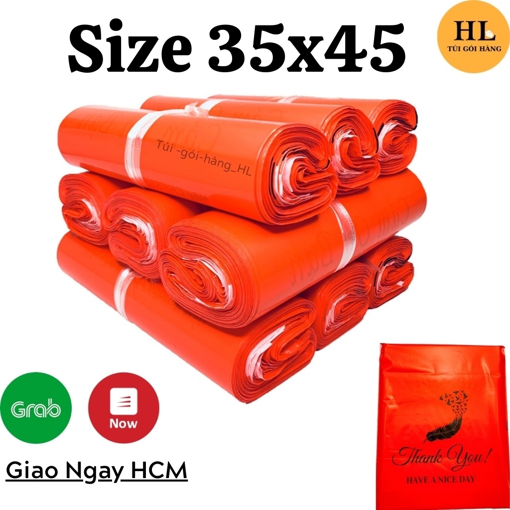 Túi gói hàng in sẳn thiệp tri ân & khuyến khích khách hàng đánh giá màu đỏ size 35x45 TUIGOIHANGHL