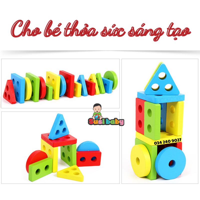 [KÈM QUÀ TẶNG] Đồ chơi gỗ thả hình khối 4 trụ hình vuông, hình chữ nhật - đồ chơi cho bé