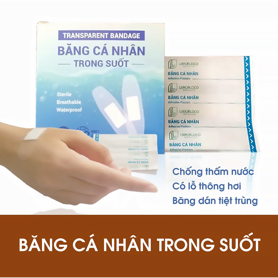 BĂNG CÁ NHÂN TRONG SUỐT LIWORLDCO (Hộp 100 Miếng) - THẨM MỸ, THÔNG THÓA, ĐỘ DÍNH CAO, ĐÀN HỒI TỐT