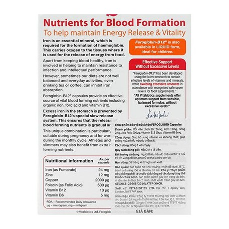 Viên Uống Bổ Sung Sắt Hữu Cơ, Tăng Cường Sức Khỏe Vitabiotics Feroglobin B12 Hộp 30 Viên | Thế Giới Skin Care