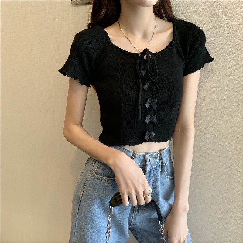 Áo croptop cổ vuông tay ngắn dây buộc điều chỉnh cổ áo chất liệu dệt kim cao cấp -ACN19