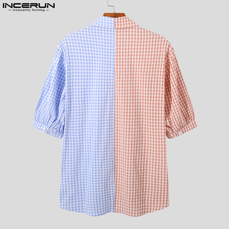 Áo sơ mi Incerun tay ngắn viền nhún bèo in kẻ sọc nhiều màu bắt mắt kiểu mùa hè cho nam