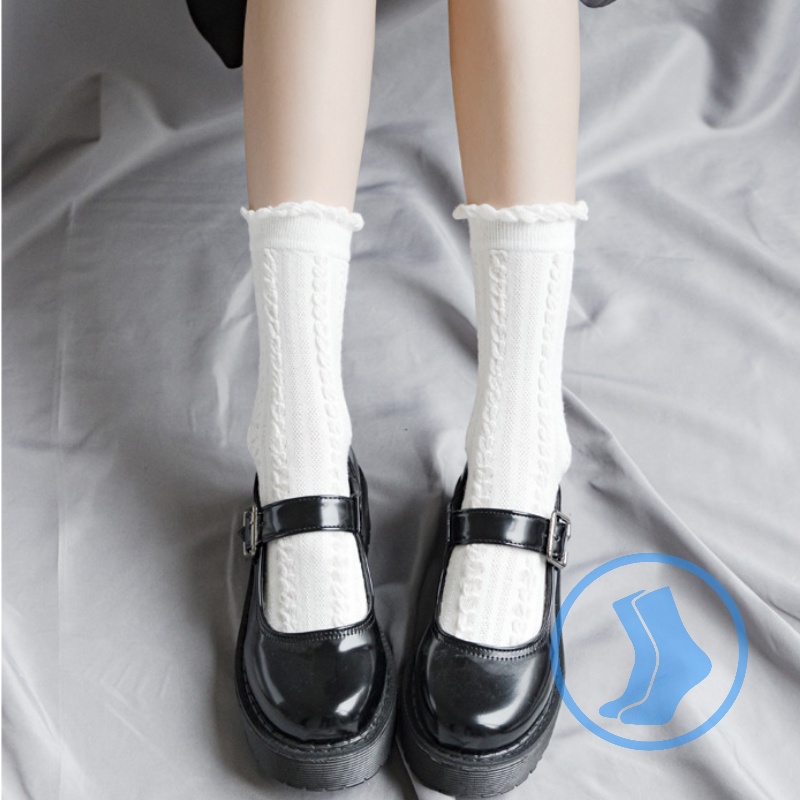 Tất cotton FHYL cổ cao phối ren trắng và diềm xếp nếp phong cách Lolita cổ điển dễ thương thời trang cho nữ