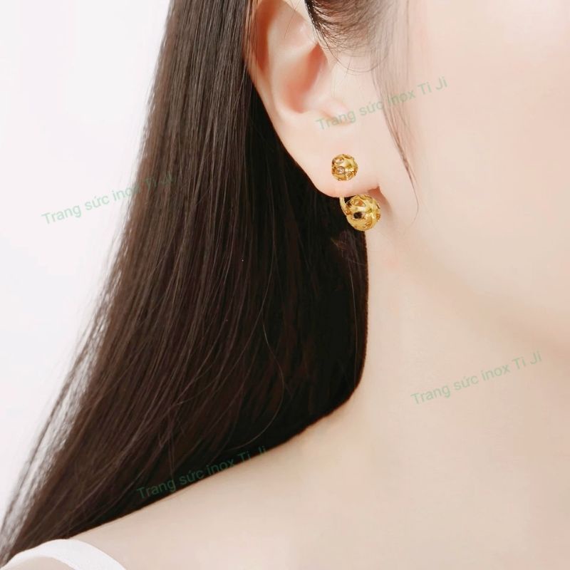 Bông tai inox xi vàng kiểu trái châu cánh cung, đẹp sang trọng
