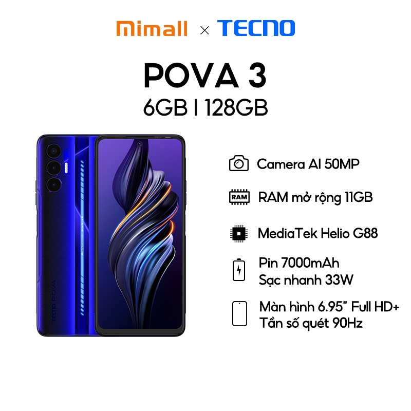 Điện thoại Gaming Tecno POVA 3 (6+5GB)/128GB - Helio G88 | 7000 mAh | Sạc nhanh 33W