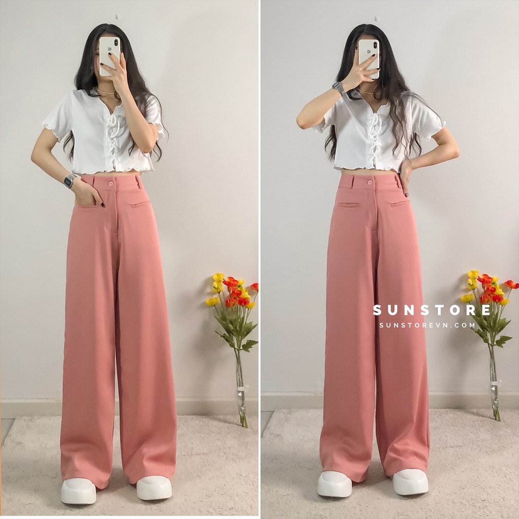 Quần ống rộng túi mổ culottes dáng suông dài cài nút lưng cao chất rũ THRE PANT