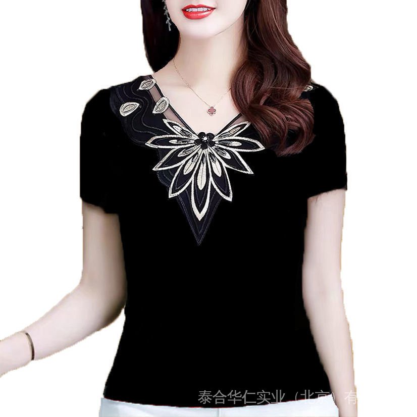 Chứa Cotton Mùa Hè 2022 Kim Cương Ren Nửa Tay Đáy Áo Sơ Mi Co Giãn Plus Kích Thước Mỡ mm Trung Niên Nửa Tay Áo Thun Nữ