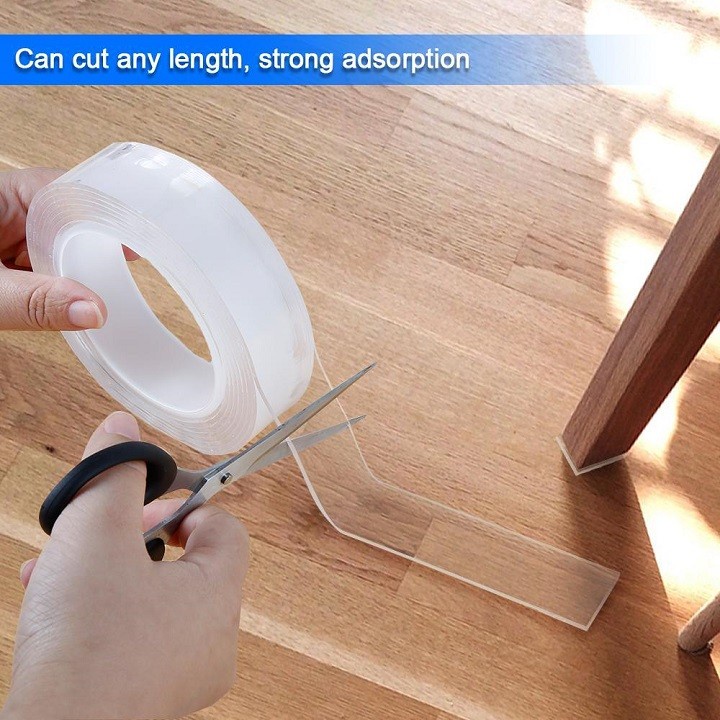 Băng keo 2 mặt trong suốt 1 mét siêu dính trên mọi bề mặt, chất liệu khác nhau