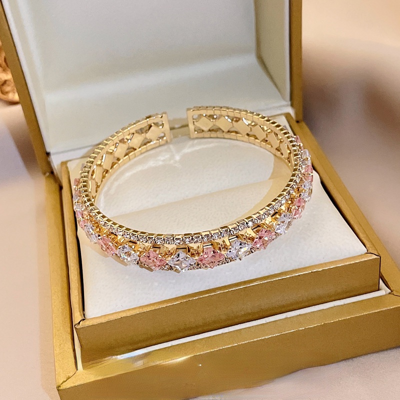 Vòng Tay Hở Đính Đá Zircon Màu Hồng Kiểu Dáng Hình Học Thời Trang