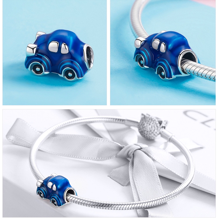 Hạt phụ kiện Bamoer SCC957 bạc 925 tráng men xanh dương kiểu xe hơi dễ thương trang trí vòng tay thủ công
