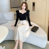 Set chân váy áo body dài tay chân váy xếp li dài LT10145