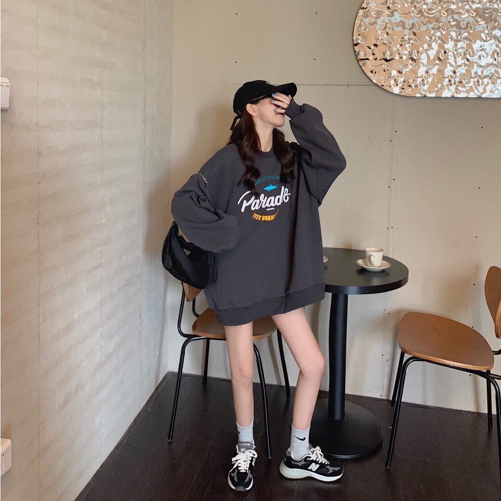 Áo thun tay dài cổ tròn dáng rộng in họa tiết thời trang mùa thu phong cách Hàn Quốc