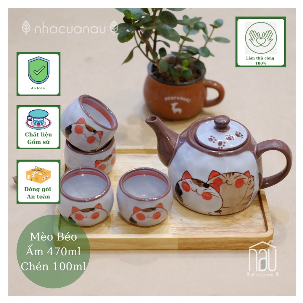 Set ấm chén, bộ bình trà sứ, hoạ tiết Mèo thần tài Maneki Neko độc đáo rất thích hợp tặng biếu, tân gia, sinh nhật